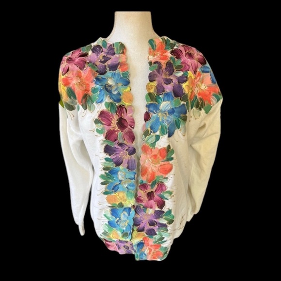 Sweatshirt turned cardigan, hand, painted long sleeve, large,  unique colorful - Picture 1 of 10